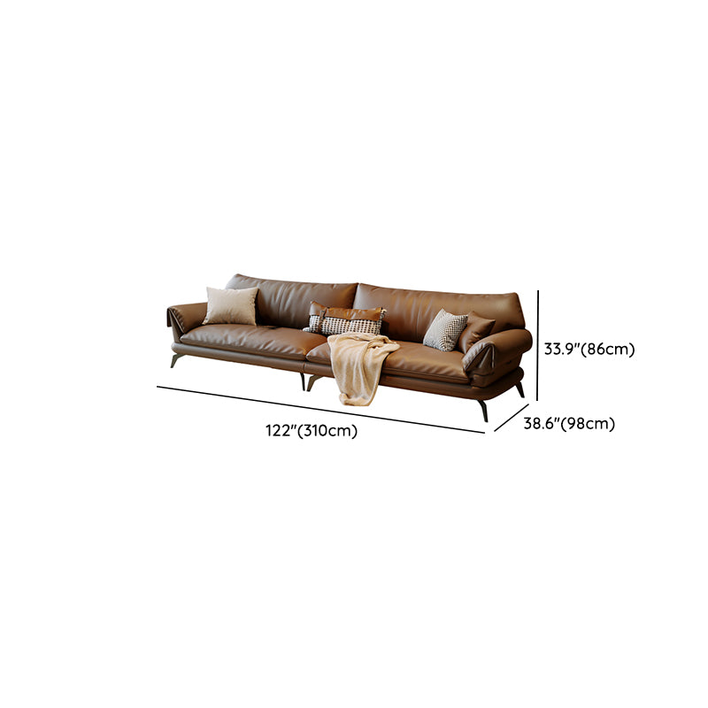 Brown Genuine Leather Sofa Loose Back Flared Arm Sofa with Pillows