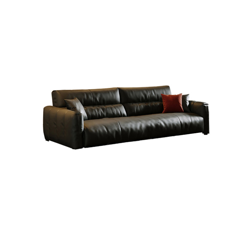 Black Genuine Leather Sofa Mid-Century Modern Square Arm Sofa