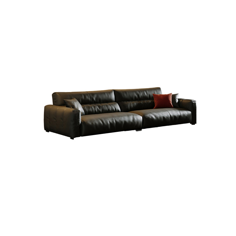 Black Genuine Leather Sofa Mid-Century Modern Square Arm Sofa