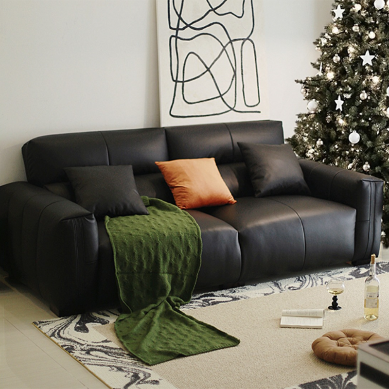 Black Genuine Leather Sofa Mid-Century Modern Square Arm Sofa