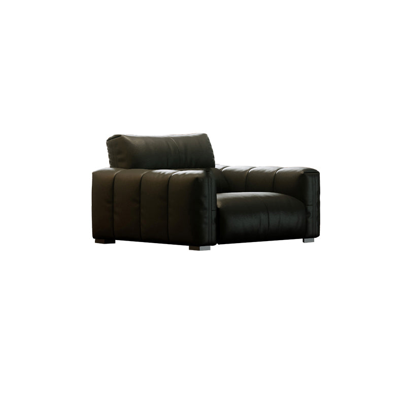 Black Genuine Leather Sofa Mid-Century Modern Square Arm Sofa