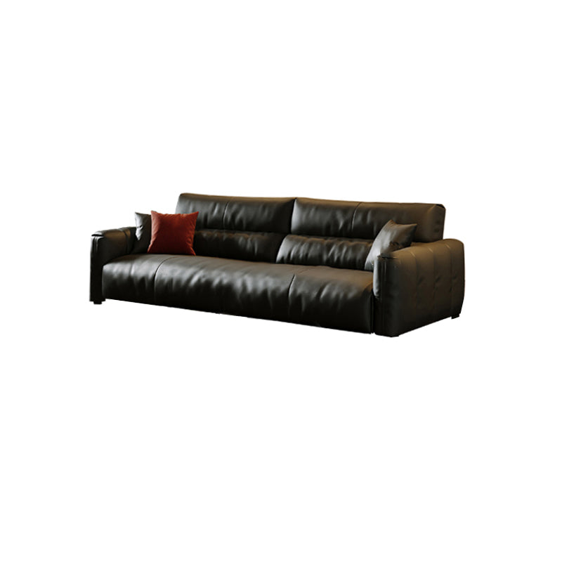 Black Genuine Leather Sofa Mid-Century Modern Square Arm Sofa