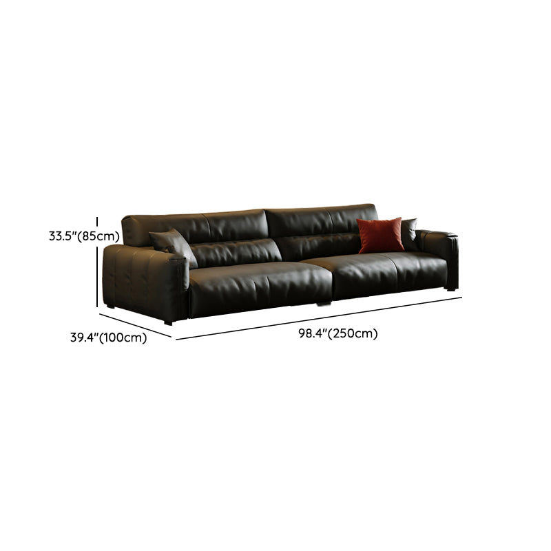 Black Genuine Leather Sofa Mid-Century Modern Square Arm Sofa