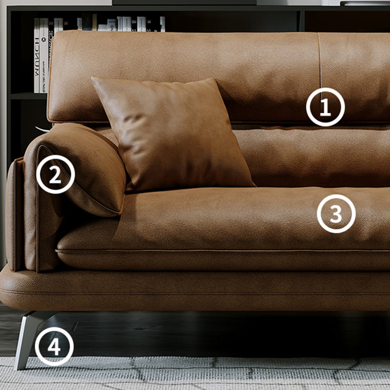 Pillow Top Arm Sofa in Brown Genuine Leather Sewn Pillow Back Sofa