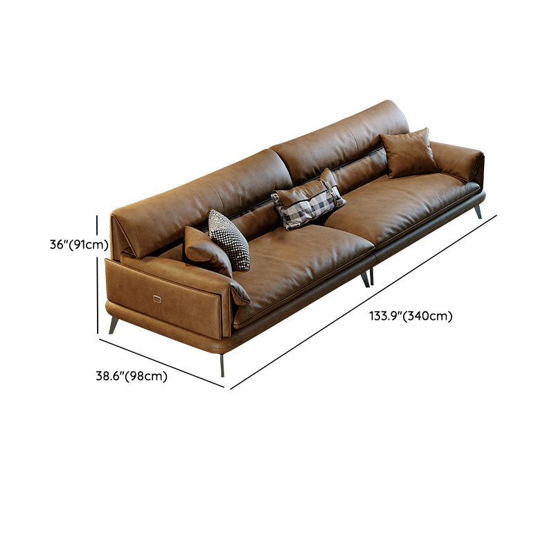 Pillow Top Arm Sofa in Brown Genuine Leather Sewn Pillow Back Sofa