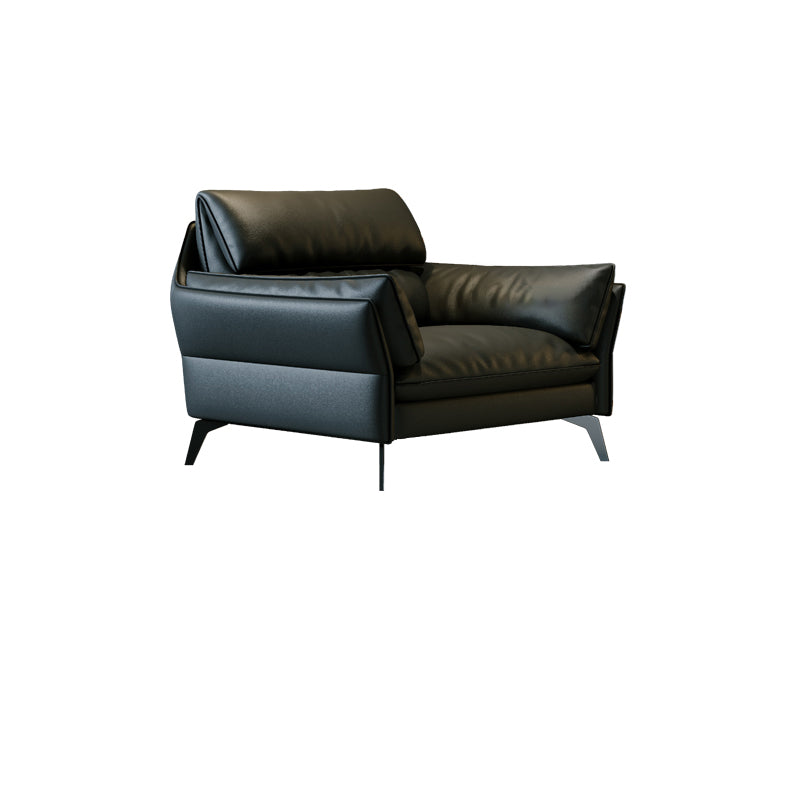 Black Genuine Leather Settee Mid-Century Modern Pillow Top Arm Sofa - 33.5" H