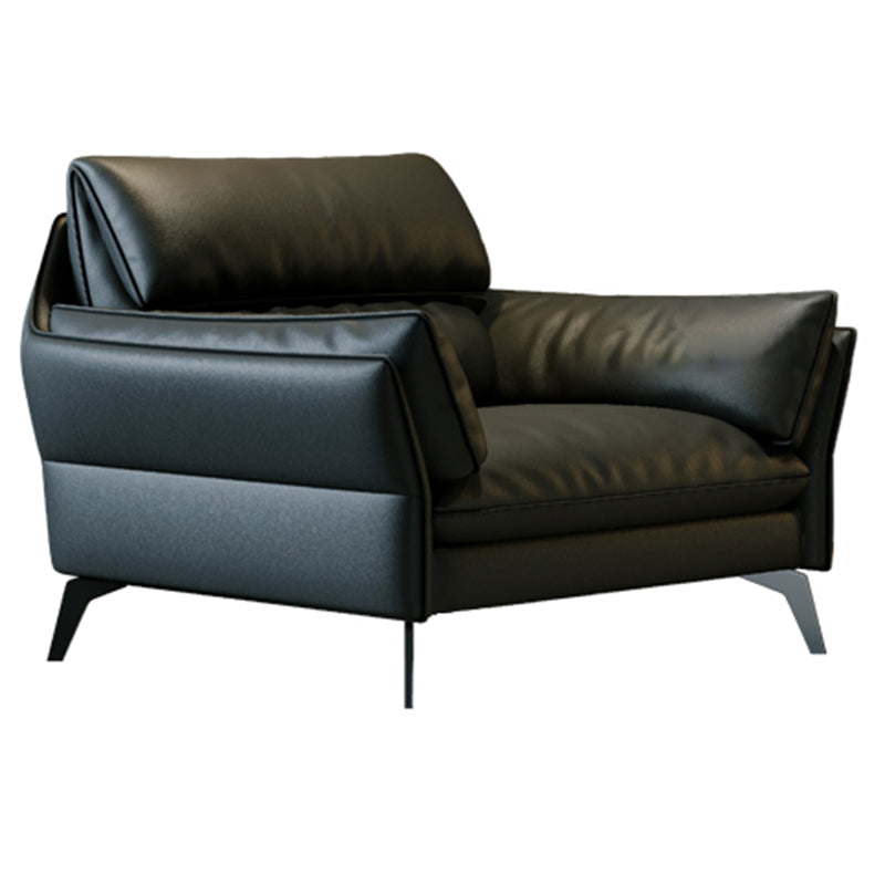 Black Genuine Leather Settee Mid-Century Modern Pillow Top Arm Sofa - 33.5" H