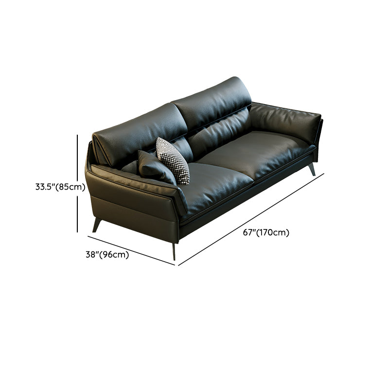 Black Genuine Leather Settee Mid-Century Modern Pillow Top Arm Sofa - 33.5" H