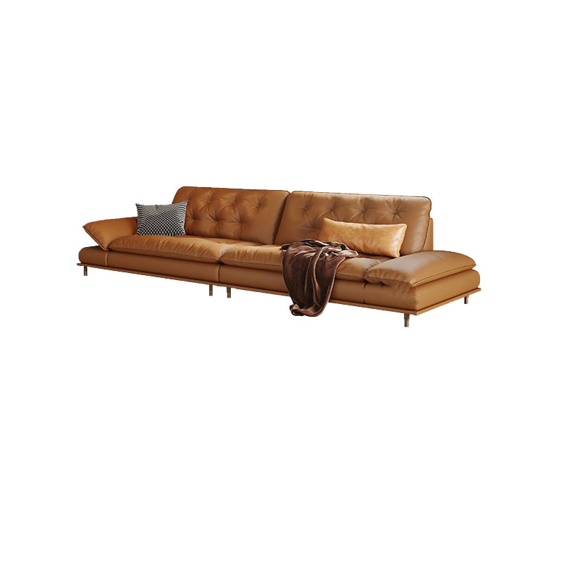 Tufted Pillow Top Arm Sofa Brown Genuine Leathersofa with 2 Cushions
