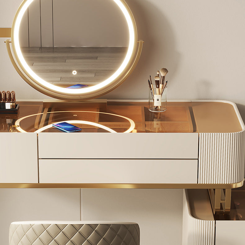 Minimalism Glass Vanity Table with Mirror & Stool 5 Drawers Beige Dressing Table