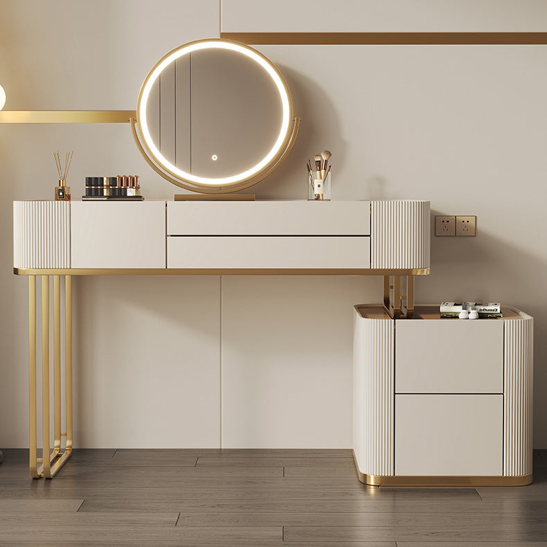Minimalism Glass Vanity Table with Mirror & Stool 5 Drawers Beige Dressing Table