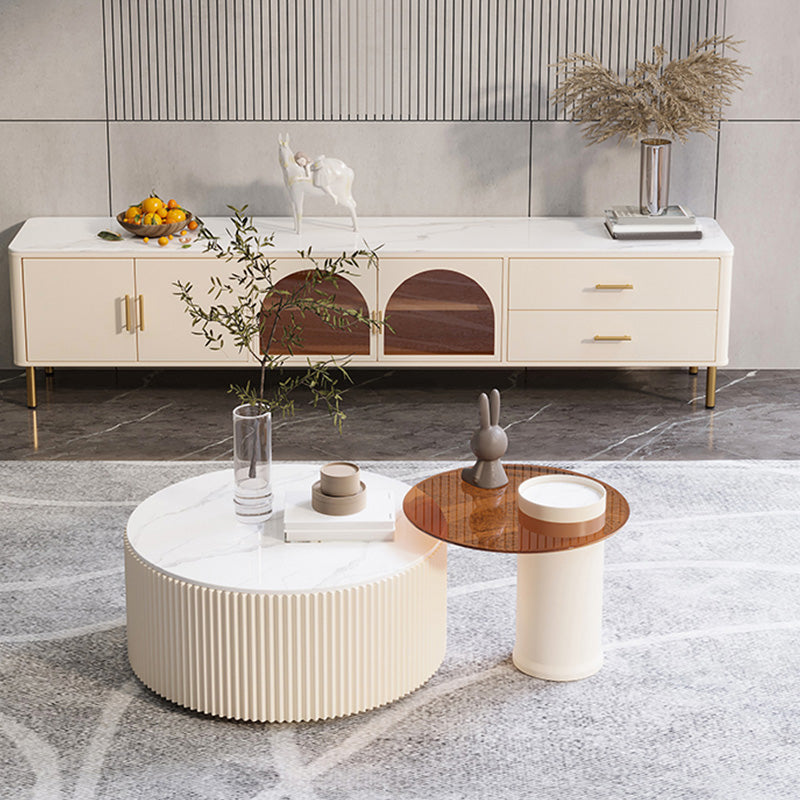 Round Slate Top Coffee Table Glam Drum Coffee Cocktail Table