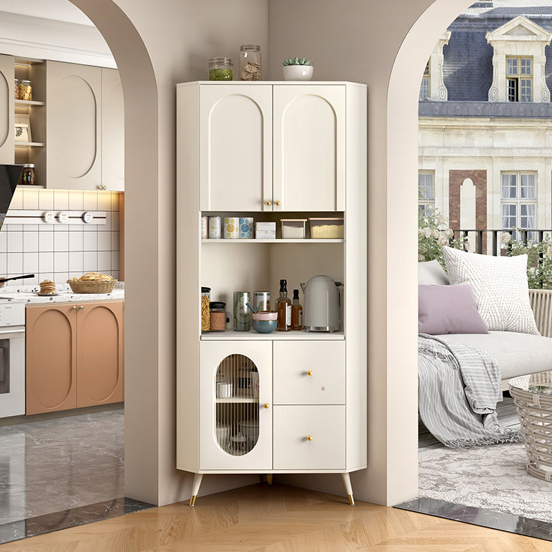 Contemporary Dining Hutch Glass Doors Faux Wood Storage Cabinet for Living Room