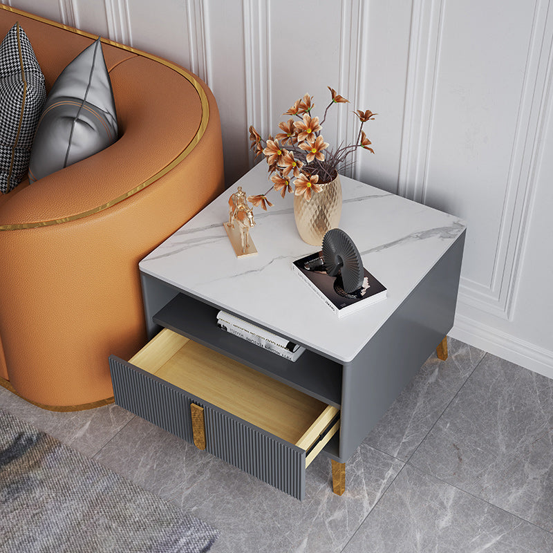 4 Legs Glam Side Table Stone Top Side Table with Shelf and Drawer