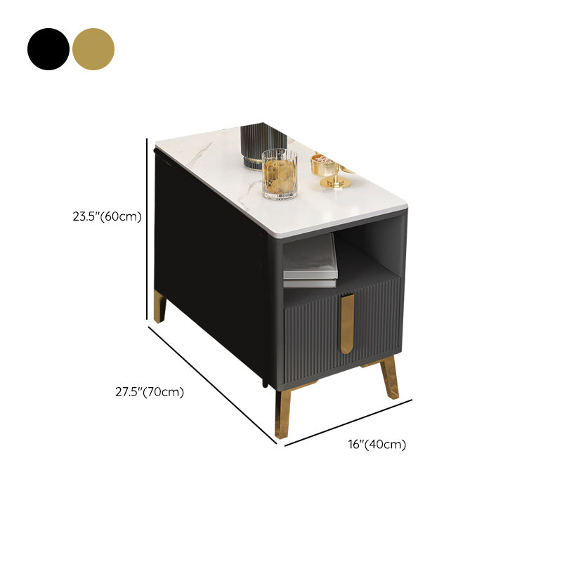 4 Legs Glam Side Table Stone Top Side Table with Shelf and Drawer