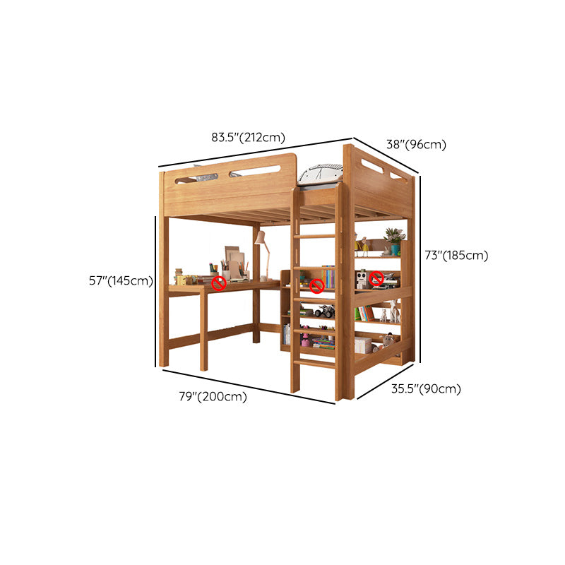 Brown Loft Bed Scandinavian Solid Wood High Loft Built-In Ladder Kids Bed