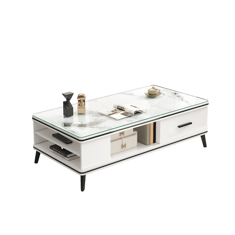 Single Coffee Table 4 Legs Rectangle Cocktail Table with Shelf and Drawer