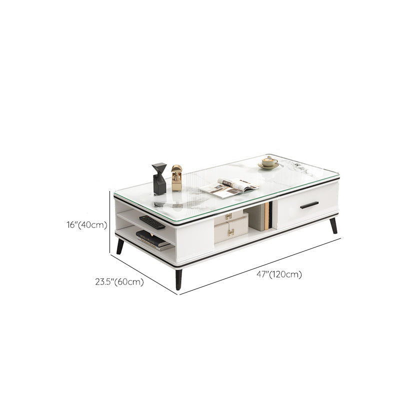 Single Coffee Table 4 Legs Rectangle Cocktail Table with Shelf and Drawer