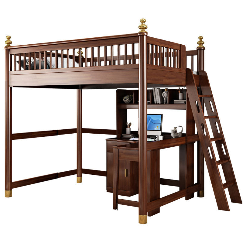 Solid Wood Loft Bed with Storage Scandinavian Brown Kids Bed with Open Frame