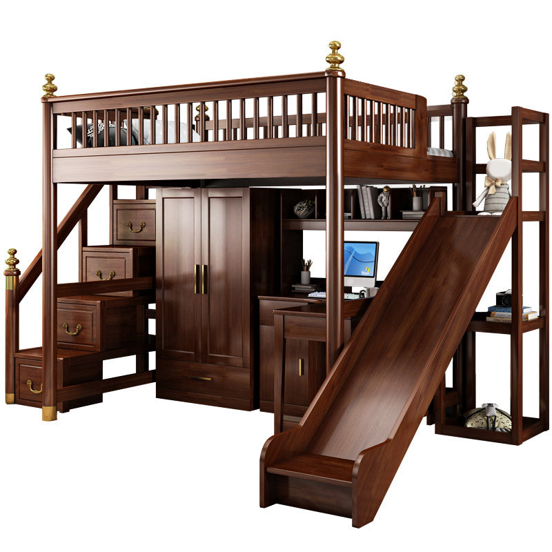Solid Wood Loft Bed with Storage Scandinavian Brown Kids Bed with Open Frame