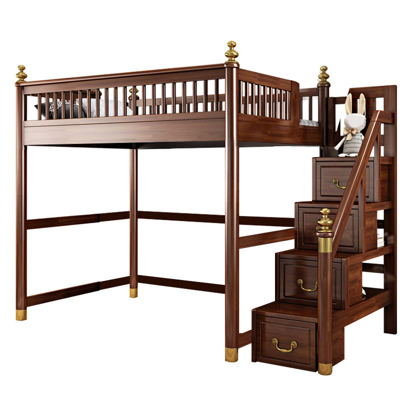 Solid Wood Loft Bed with Storage Scandinavian Brown Kids Bed with Open Frame
