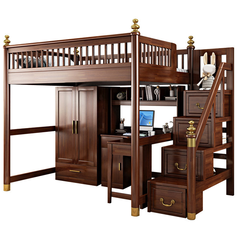 Solid Wood Loft Bed with Storage Scandinavian Brown Kids Bed with Open Frame
