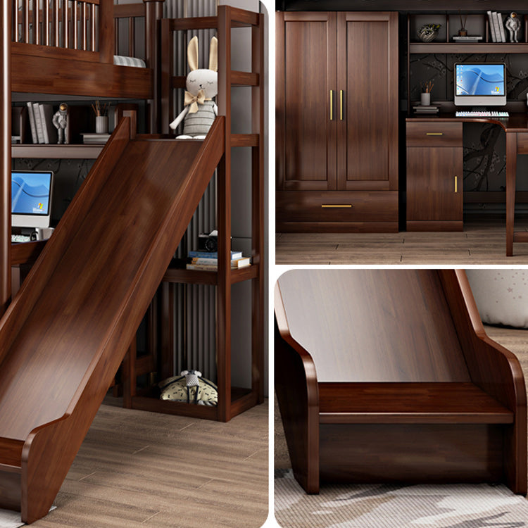Solid Wood Loft Bed with Storage Scandinavian Brown Kids Bed with Open Frame