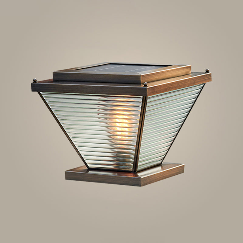 1-Light Solar Energy Pillar Lamp Brass Outdoor Light with Glass Shade for Garden