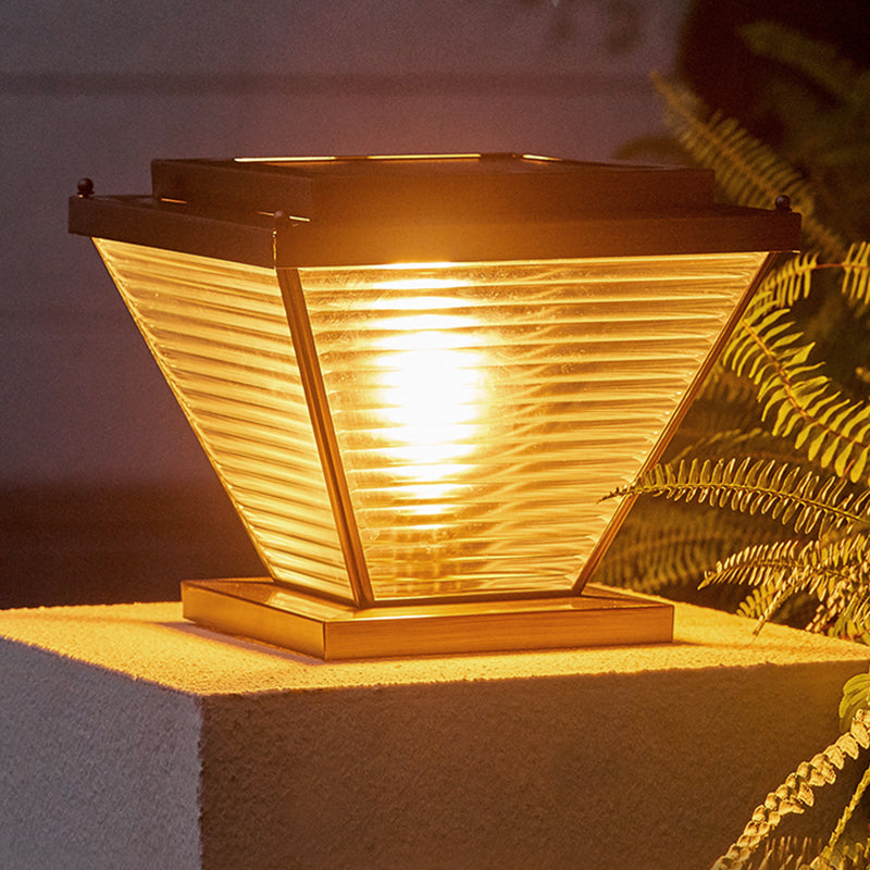 1-Light Solar Energy Pillar Lamp Brass Outdoor Light with Glass Shade for Garden