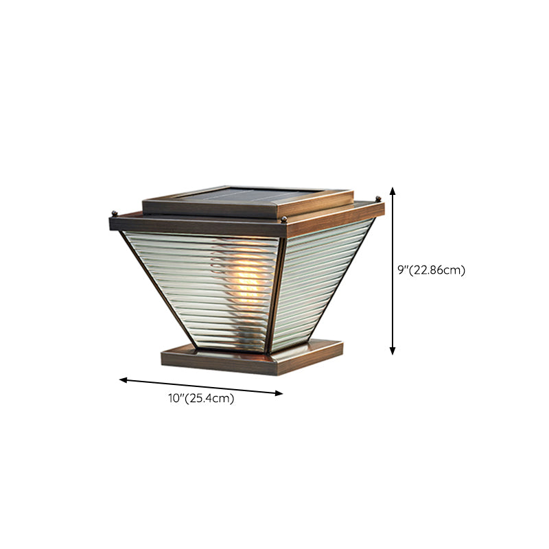 1-Light Solar Energy Pillar Lamp Brass Outdoor Light with Glass Shade for Garden