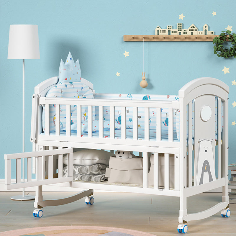 White Wooden Nursery Crib Storage Scandinavian Crib with Casters