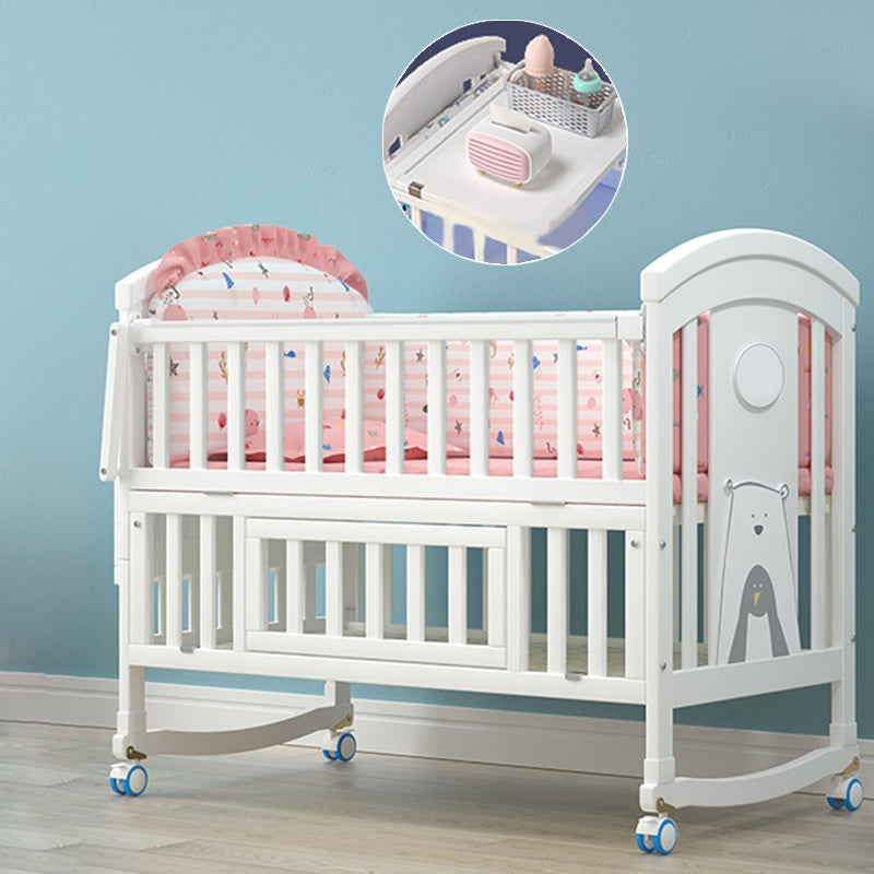 White Wooden Nursery Crib Storage Scandinavian Crib with Casters