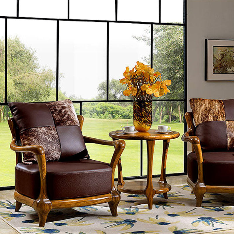 Solid Wood Frame Dining Arm Chair Leather Upholstered Arm Chair