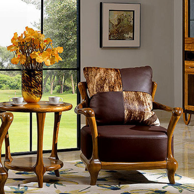 Solid Wood Frame Dining Arm Chair Leather Upholstered Arm Chair