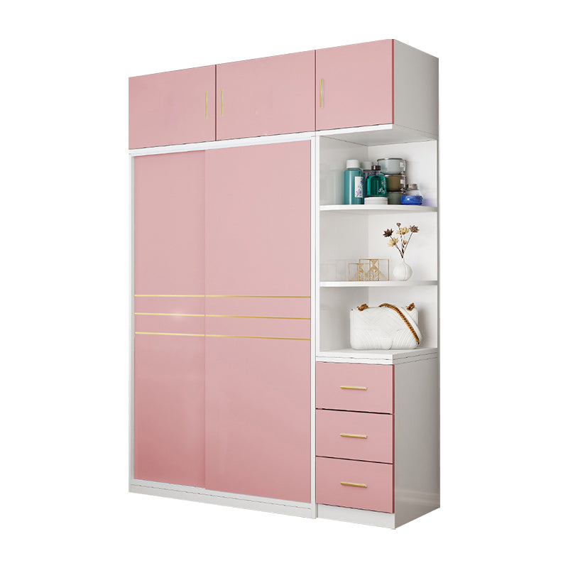 Pink Hanging Clothes Rack Wooden Wardrobe Armoire with Lower Storage Drawers