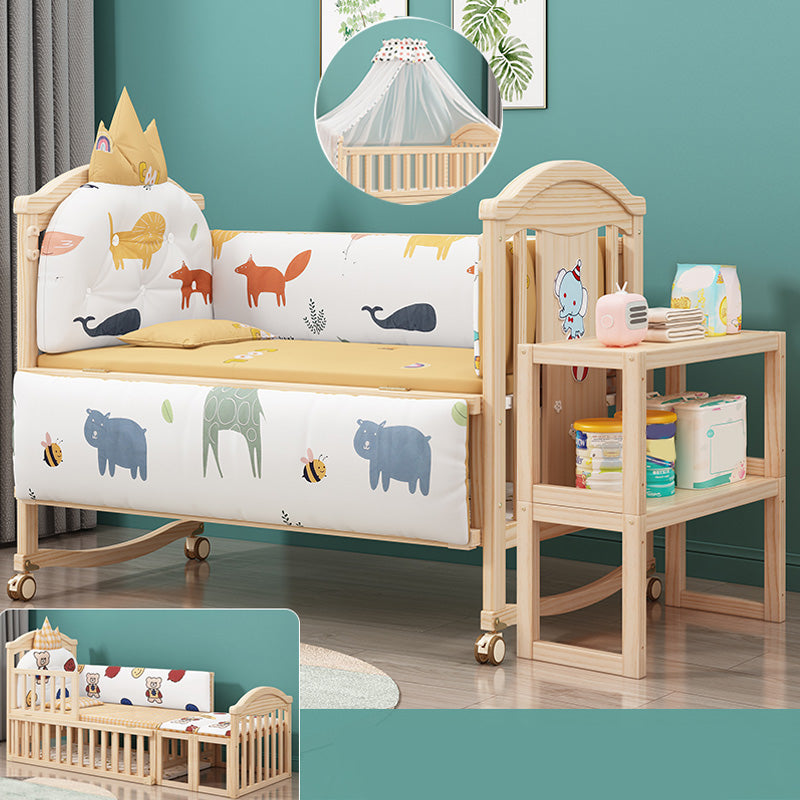 Pine Convertible Crib Modern Light Wood Nursery Bed with Casters and Storage