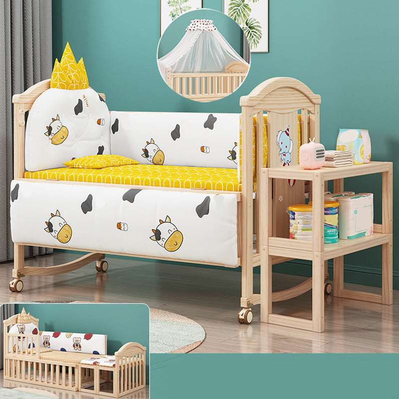 Pine Convertible Crib Modern Light Wood Nursery Bed with Casters and Storage