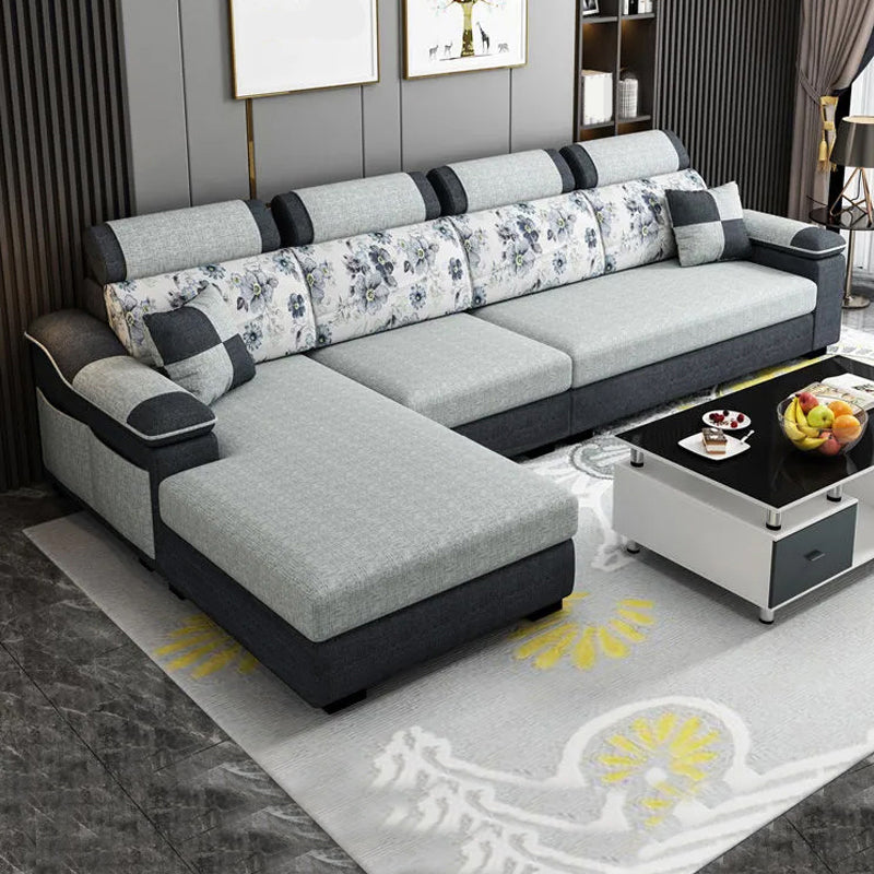 33.46" Tall Grey Sectional Sofa Faux Leather/Linen Flared Arm Modular Sofa