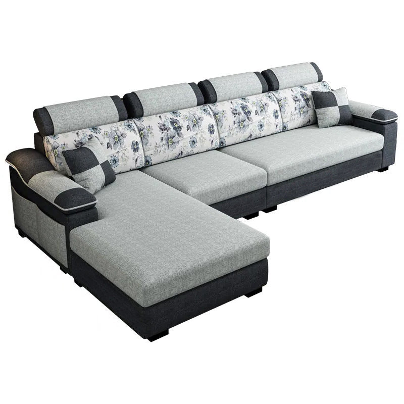 33.46" Tall Grey Sectional Sofa Faux Leather/Linen Flared Arm Modular Sofa