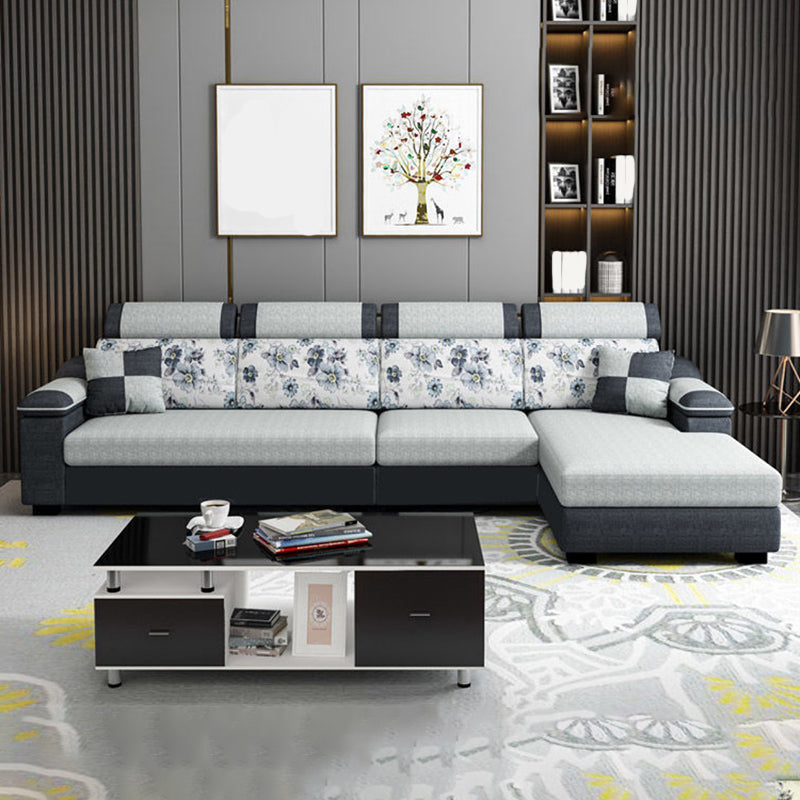 33.46" Tall Grey Sectional Sofa Faux Leather/Linen Flared Arm Modular Sofa