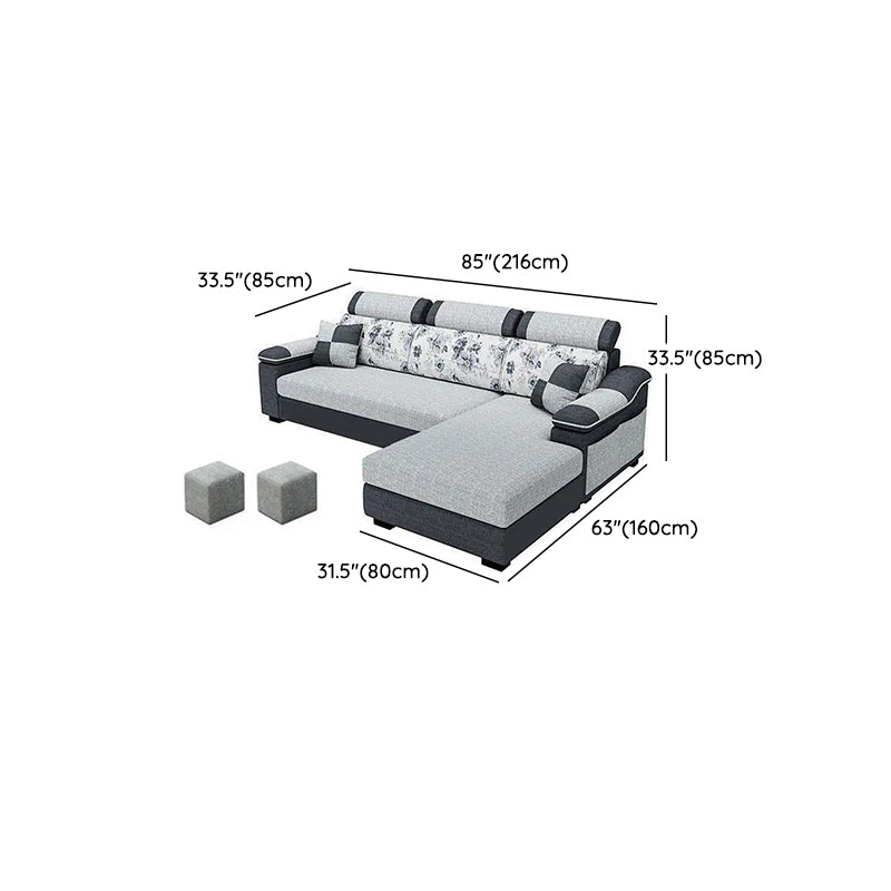 33.46" Tall Grey Sectional Sofa Faux Leather/Linen Flared Arm Modular Sofa