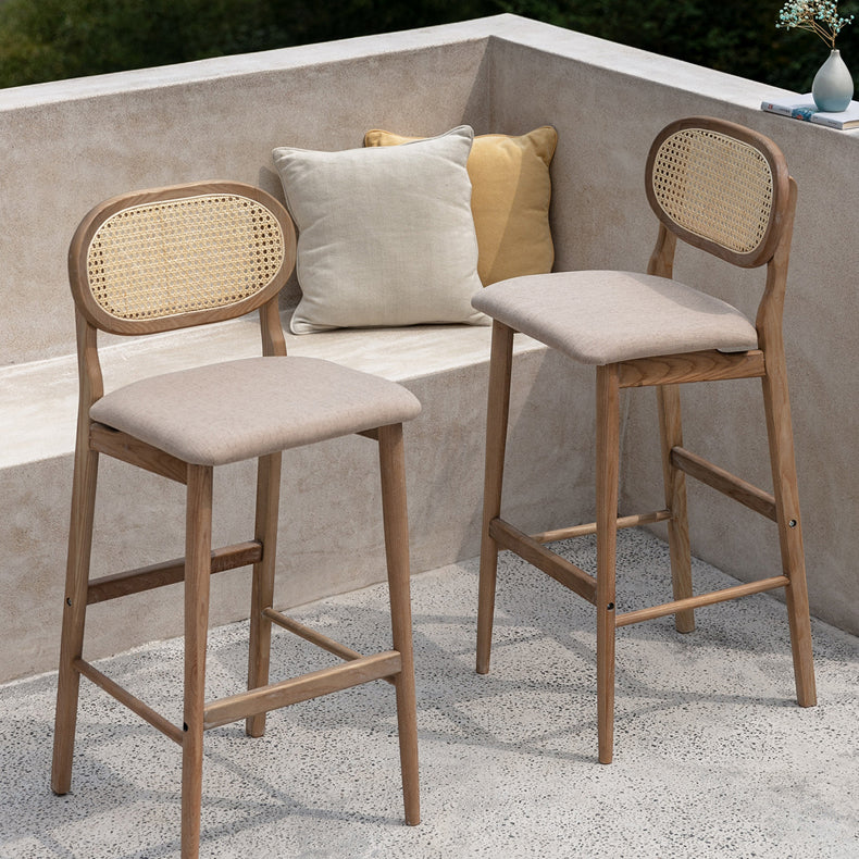 Contemporary Ash Wood Bar Stools Indoor Rattan Low Back Stool