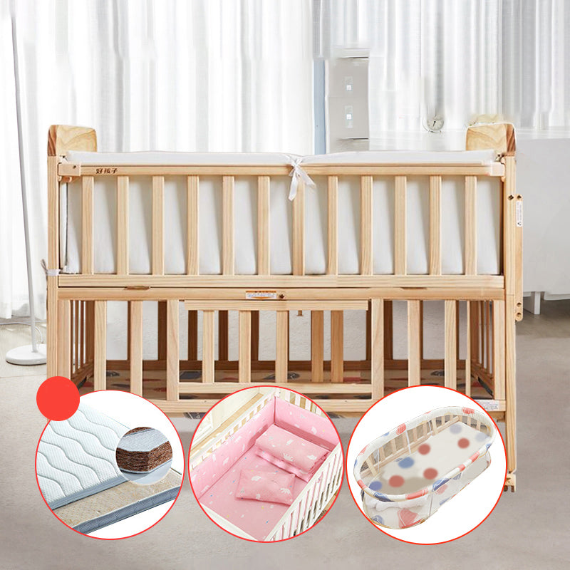 Solid Wood Convertible Baby Crib Natural Wood Crib with Storage and Adjustable Height