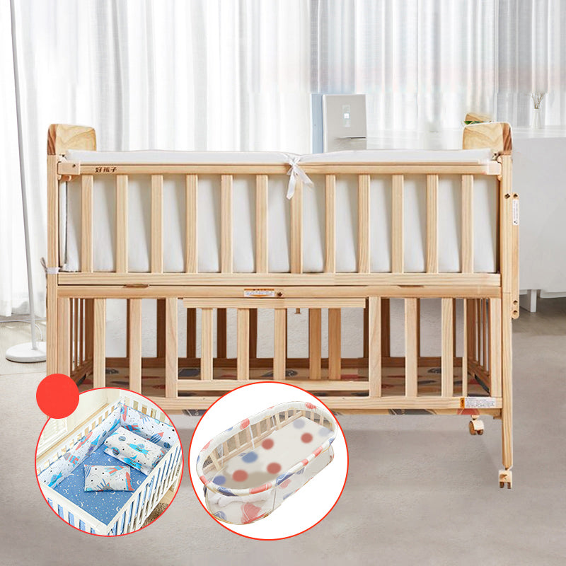 Solid Wood Convertible Baby Crib Natural Wood Crib with Storage and Adjustable Height