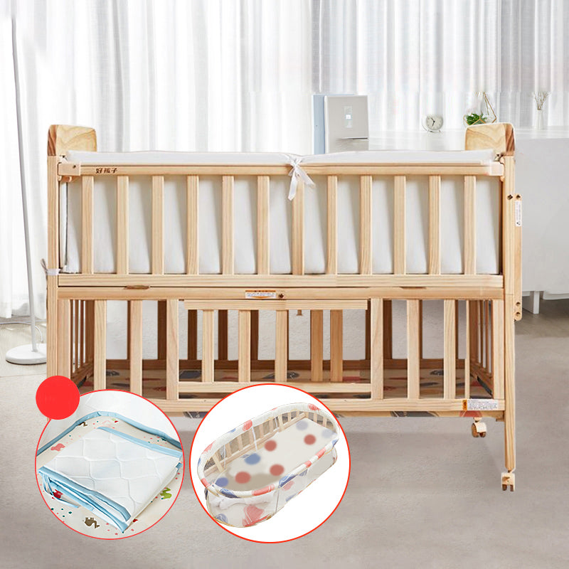 Solid Wood Convertible Baby Crib Natural Wood Crib with Storage and Adjustable Height
