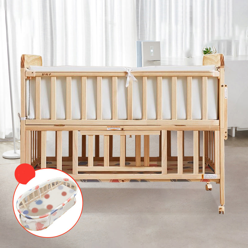 Solid Wood Convertible Baby Crib Natural Wood Crib with Storage and Adjustable Height