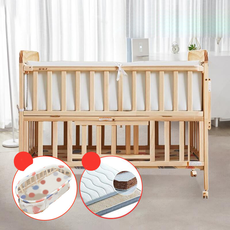 Solid Wood Convertible Baby Crib Natural Wood Crib with Storage and Adjustable Height
