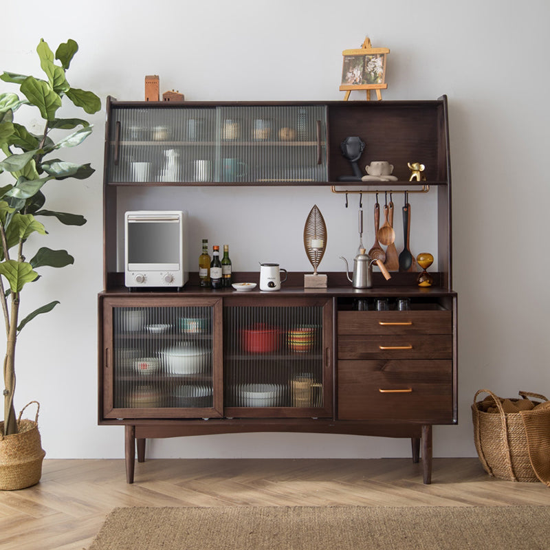 Contemporary Glass Doors Dining Hutch Pine Storage Cabinet for Living Room