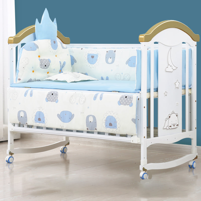 Wooden White Matching Nursery Crib Storage Arched Crib with Wheels