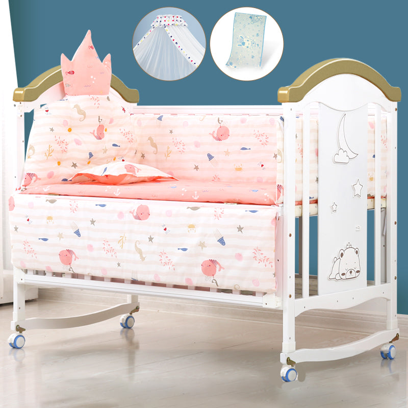 Wooden White Matching Nursery Crib Storage Arched Crib with Wheels